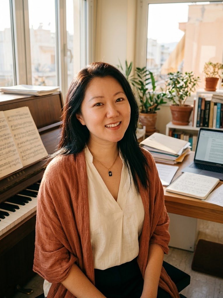 Jia Shen, founder and independent researcher of Miralucis, in her music and research workspace.
